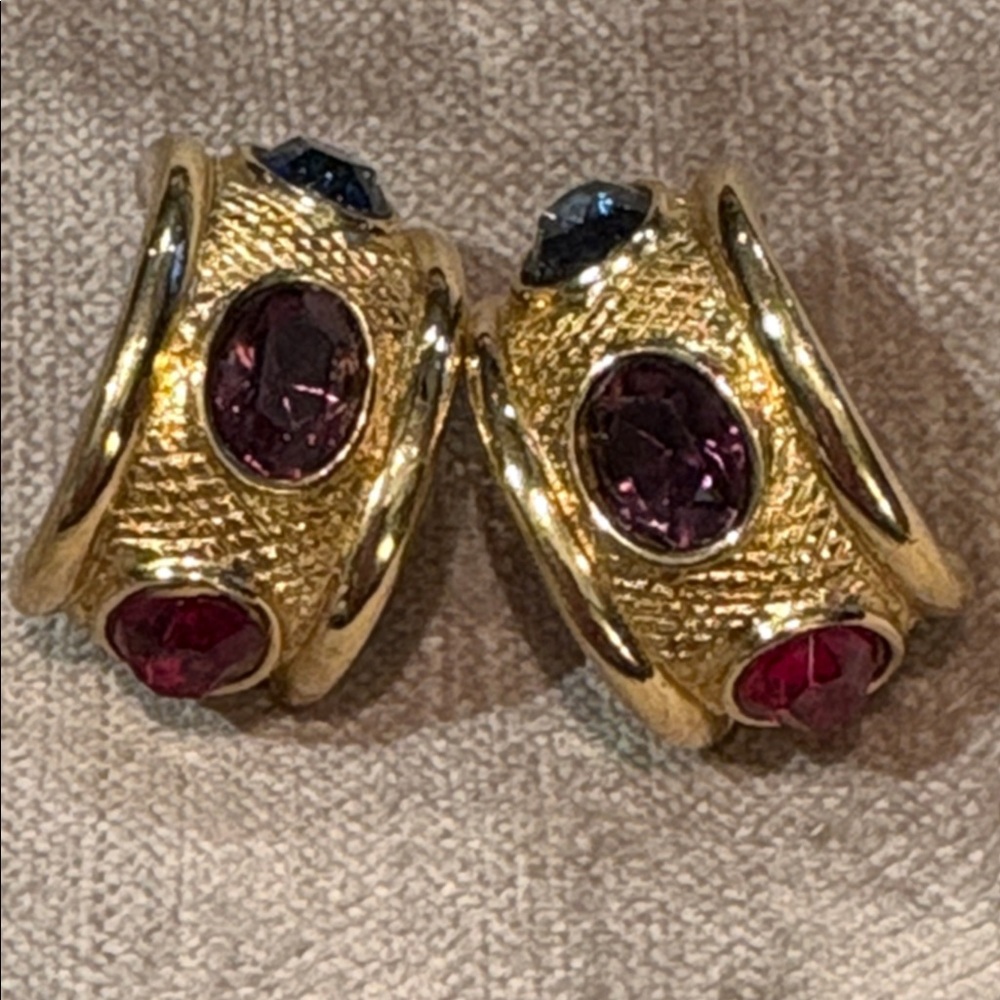 Givenchy Gold Plated Blue Purple Red Rhinestone Half Hoop Clip On Earrings - Picture 4 of 11